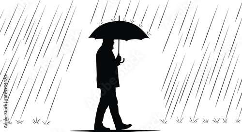 a lone figure walks under umbrella amidst heavy rain