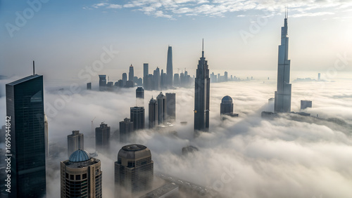 Modern skyscrapers rising above thick morning fog in futuristic city skyline, perfect for tech presentations, urban development visuals and atmospheric cityscape backgrounds