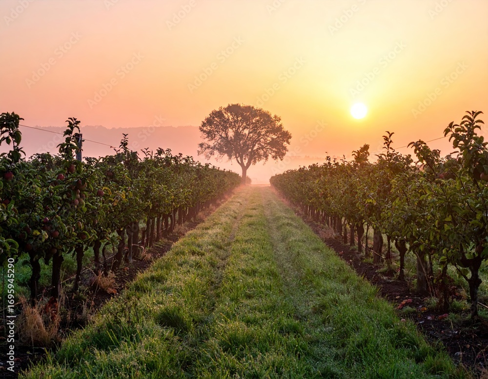Naklejka premium Sunrise Over Vineyard Rows with Solitary Tree