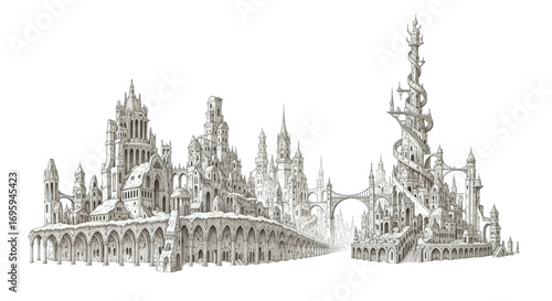 Ancient, fantastical sepia city skyline of crumbling ruins and whimsical spires, detailed on transparent background with copy space. Concept for world-building and epic narratives