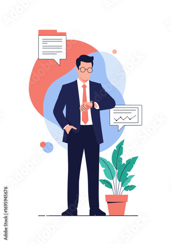 Confident businessman checks watch in modern office environment with data charts and messages.