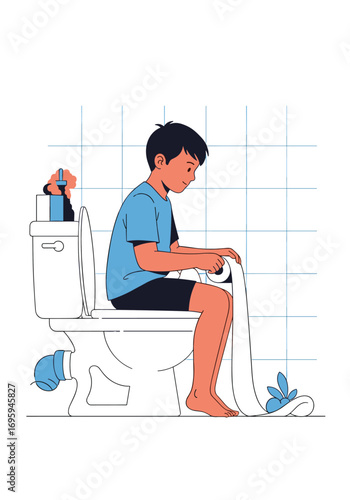 Young boy sitting on toilet, holding toilet paper roll with thoughtful expression