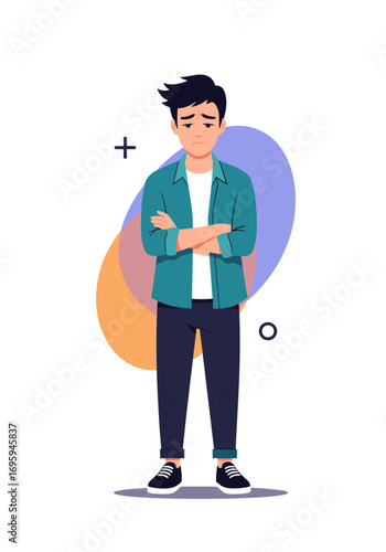 Frustrated young man arms crossed looking down with sad expression, modern flat design