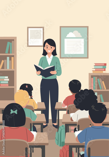 Engaging teacher reads aloud to attentive diverse students in a bright, modern classroom setting