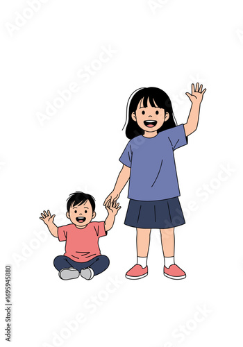 Joyful siblings waving hello, a heartwarming scene of childhood innocence and connection
