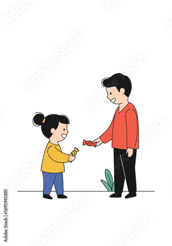 Father happily shares candy with his delighted young daughter in a joyful outdoor moment