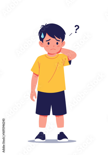 Confused young boy scratching head with question mark, expressing doubt and worry