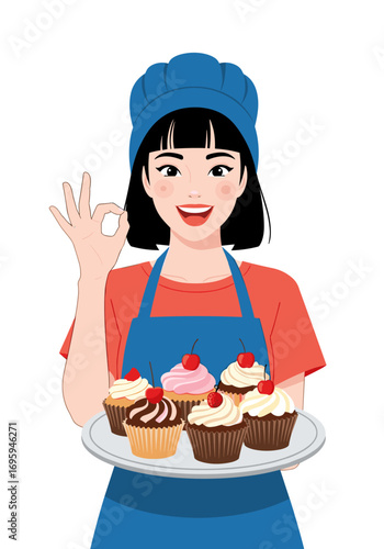 Happy baker presents delicious cupcakes with a perfect gesture in a vibrant, cheerful scene