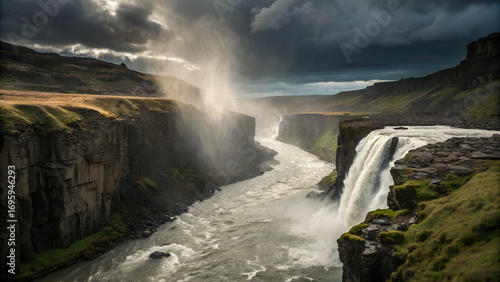 Powerful waterfall crashing into narrow canyon under stormy skies with rising spray and turbulent river — dramatic natural landscape perfect for environmental visuals and adventure themes
