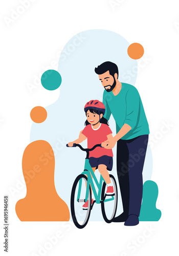 Father patiently teaches daughter to ride bicycle, fostering confidence and joy in outdoor activity