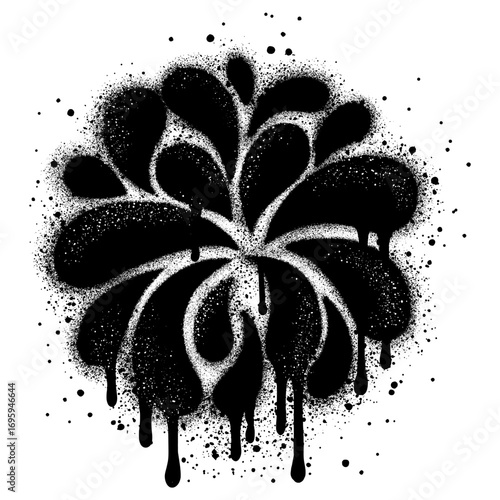 Chrysanthemum flower graffiti spray painted in black isolated on a white background.