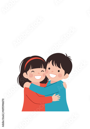 Joyful siblings share a warm embrace, celebrating childhood innocence and loving connection