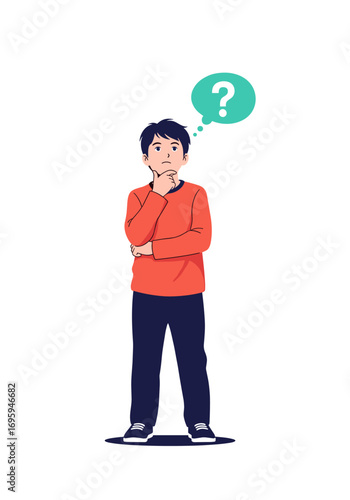 Young man pondering a question with a thought bubble, capturing moments of contemplation and inquiry