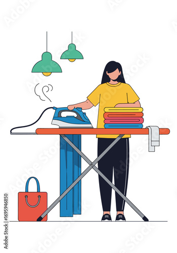 Woman ironing clothes at home creating a neat, tidy laundry space for modern living