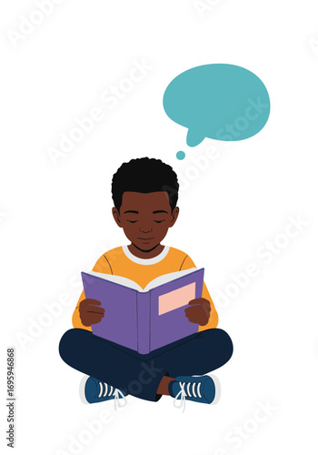 Young boy engrossed in reading a book, imagining new worlds, with a thought bubble above