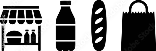 Simple graphic icons representing grocery items and a shopping bag