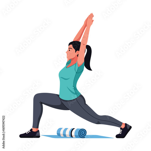 Athletic woman in a high lunge yoga pose vector illustration.