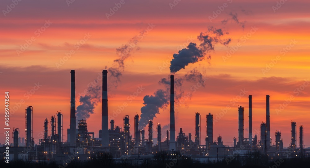 Naklejka premium Industrial complex silhouettes rise against a vibrant orange sunrise, emitting plumes of smoke.