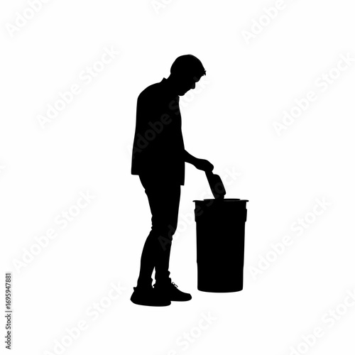 Man segregating waste in a dustbin silhouette on white background