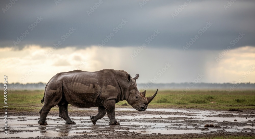 Fototapeta premium A solitary, massive, grey rhinoceros strides through shallow water in a grassy plain. Dark, stormy clouds loom above, hinting at rain