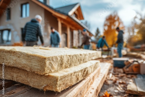 Close-up of insulation material on wood, focus on the foreground, renovation project and insulation work in a detached house, thermal insulation and energy saving measures