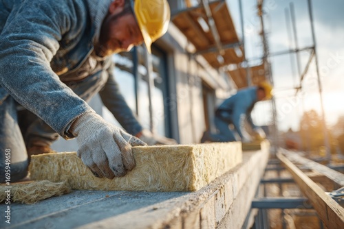 Construction workers insulating the exterior wall of a building with mineral wool, demonstrating energy efficiency and modern building techniques on a sunny day.