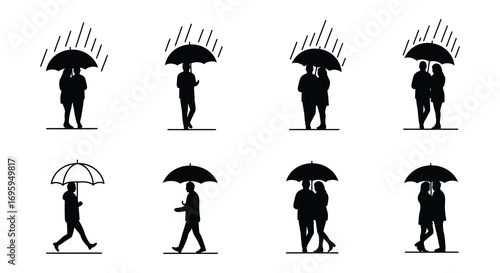 people walking under umbrellas in rain various positions