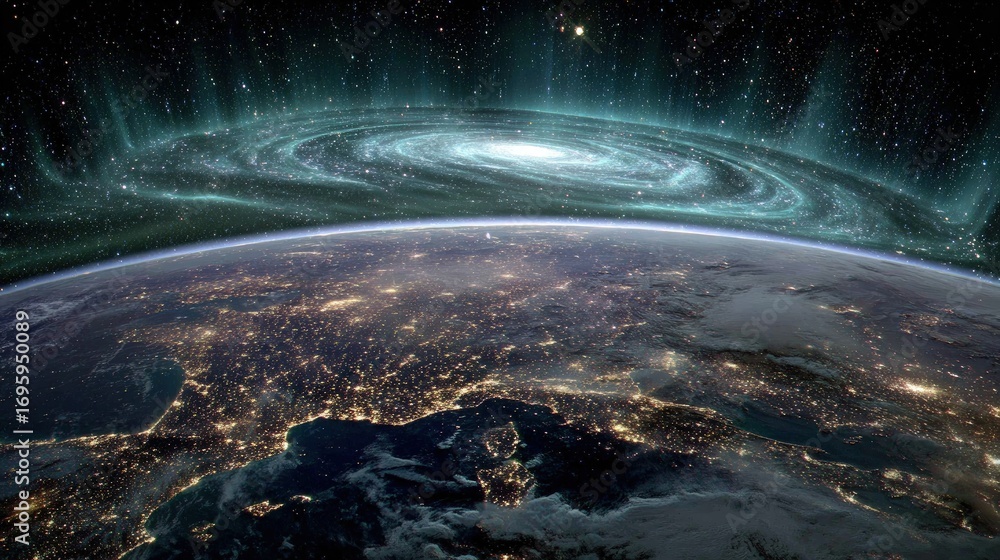 Fototapeta premium Earth At Night With Galaxy Above