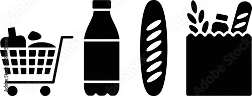 Groceries and shopping essentials, including a cart, bottle, bread, and bag