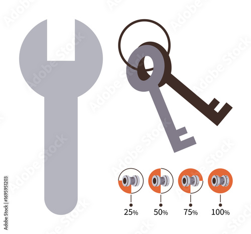 Wrench, keys on a ring, and lock mechanism icons showing percentage stages from 25 to 100. Ideal for security, mechanics, locksmith services, progress, repair tools and simplicity themes. Clean