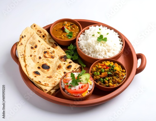 Top View Food Photography A beautiful traditional Indian Clay Thali featuring Dal, Rice, Roti, and Curry, with a clay glass, all on a white background