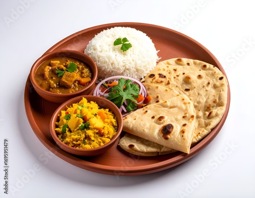 Clay Thali Set: A classic Indian meal of Dal, Rice, Roti, and Curry, presented on a clay plate with a matching clay glass, shot from a top-down perspective on a white background.