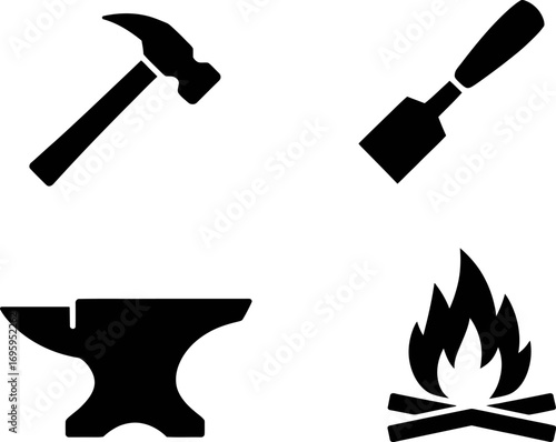 Collection of blacksmithing tools and fire, representing traditional craftsmanship and industry.