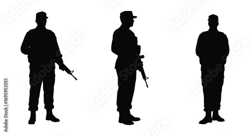 three silhouettes of soldiers standing in different poses