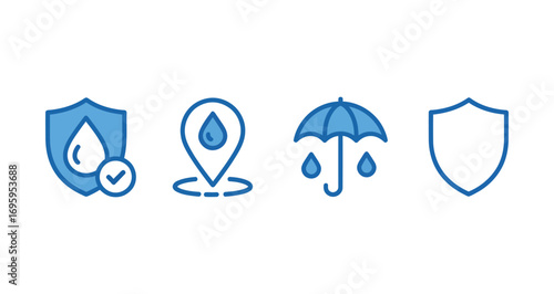 Water protection icon set with shield, droplet, umbrella, and location pin symbols, representing waterproofing, safety, and technology