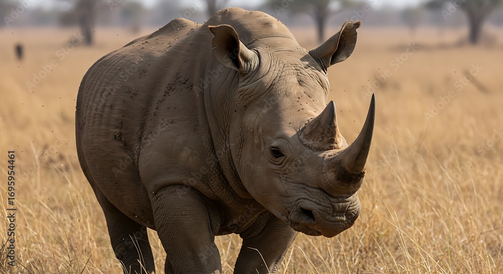 Fototapeta premium A large rhinoceros walks through a dry grassy field with trees in the background