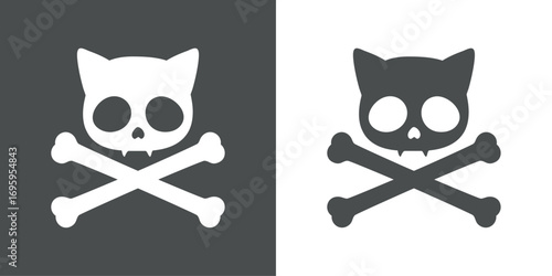 Símbolo pirata. Logo de calavera de gato con huesos cruzados para invitaciones y tarjetas de Halloween