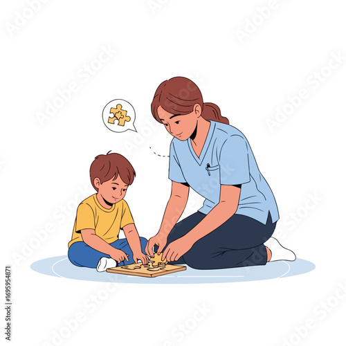 Female therapist and a young boy playing with a developmental wooden puzzle.