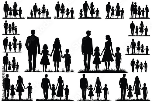 Black silhouette families walking together on grass
