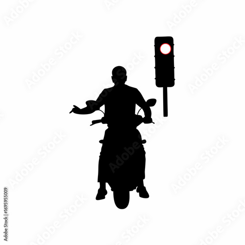 Motorcyclist stopping at red traffic light promoting road safety awareness