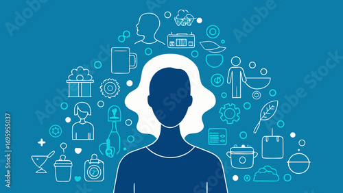 Silhouette of a woman surrounded by icons representing lifestyle, mental health, selfcare, and personal identity