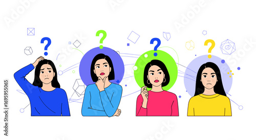 Four young women thinking with question marks above their heads confusion and uncertainty in decision making process abstract concepts illustrated visually