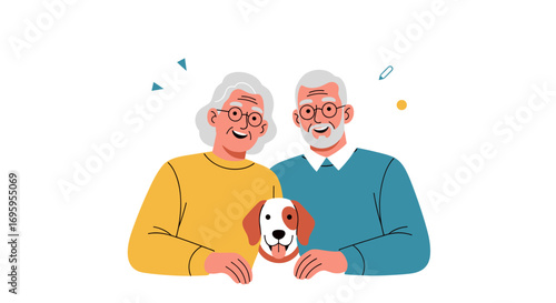 Happy elderly couple with their beloved pet dog enjoying life together in a bright and cheerful illustration