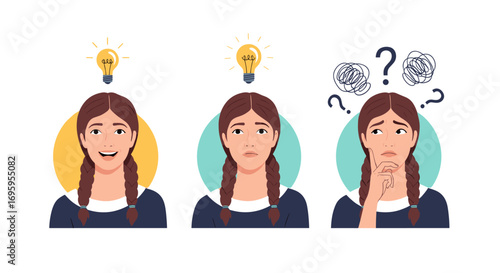 A young girl demonstrates different levels of understanding and confusion while learning new concepts and facing challenges