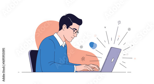 Man working on laptop with abstract shapes and rays expanding outwards demonstrating productivity