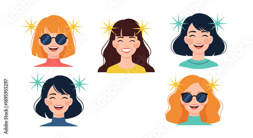 A collection of diverse happy women smiling with sparkles around their heads showing joy and radiance