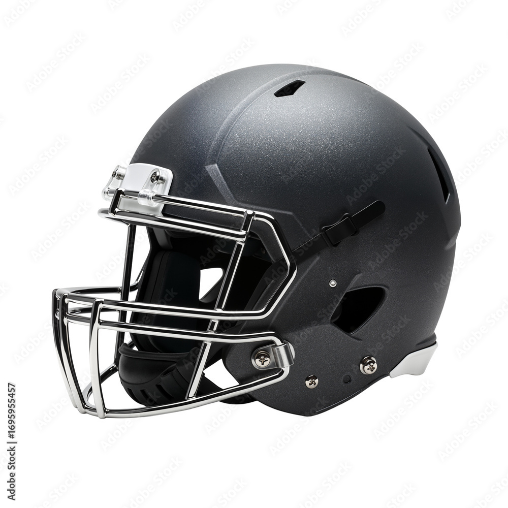 Fototapeta premium A modern black football helmet with a metal faceguard, essential safety equipment for players for sports blogs and team promotions. Transparent Background, Cutout