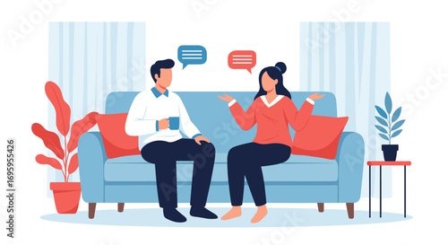 Two people sitting on a couch engaged in conversation with speech bubbles above their heads illustrating communication and discussion