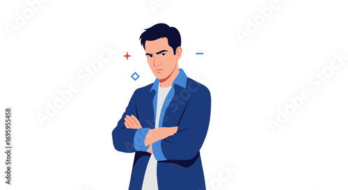 Frustrated businessman standing confidently with arms crossed expressing displeasure and doubt