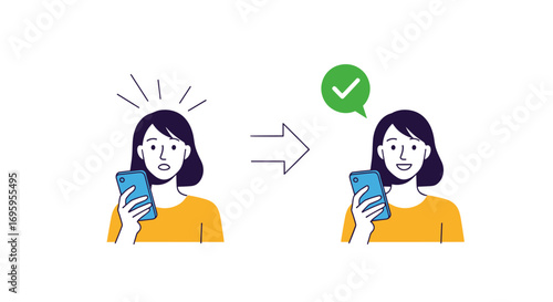 Woman expresses concern and then relief after receiving positive notification on her smartphone
